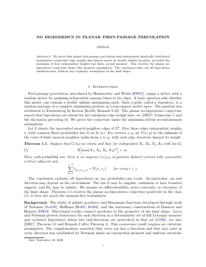First page of No bigeodesics in planar first-passage percolation