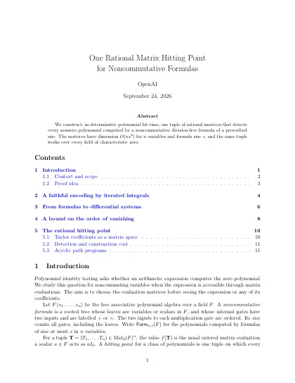 First page of One Rational Matrix Hitting Point for Noncommutative Formulas
