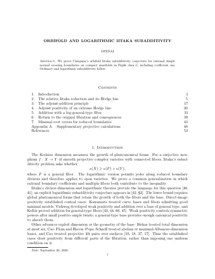 First page of Orbifold and logarithmic Iitaka subadditivity