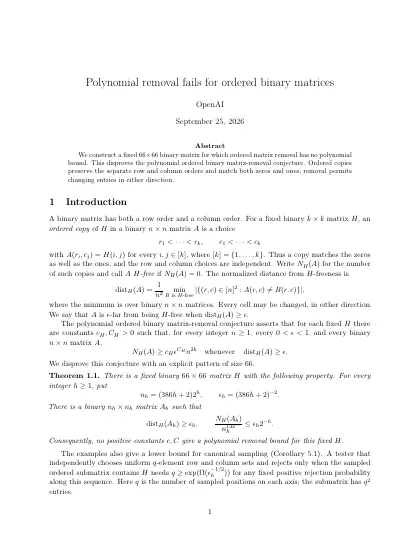 First page of Polynomial removal fails for ordered binary matrices