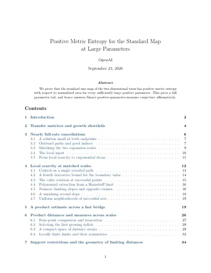 First page of Positive Metric Entropy for the Standard Map at Large Parameters