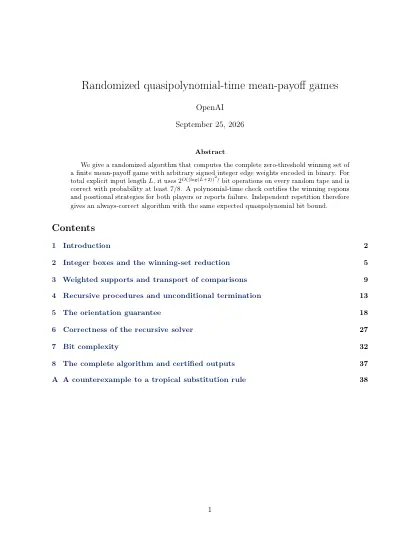 First page of Randomized quasipolynomial-time mean-payoff games