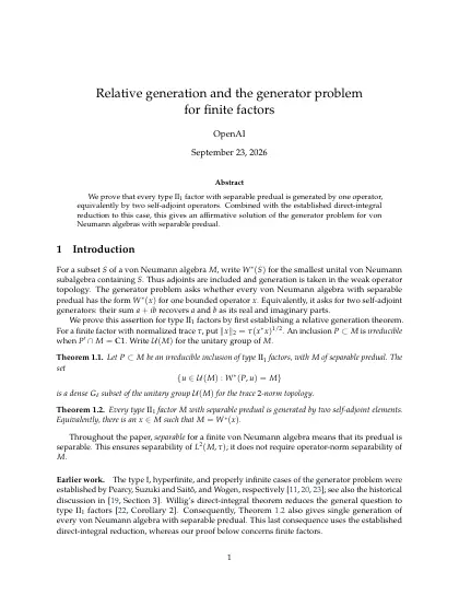 First page of Relative generation and the generator problem for finite factors