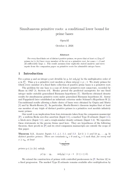 First page of Simultaneous primitive roots: a conditional lower bound for prime bases