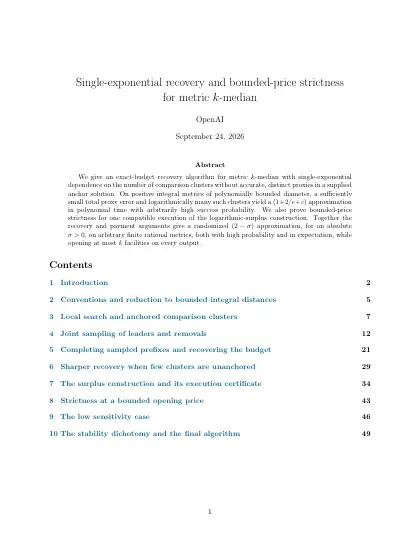 First page of Single-exponential recovery and bounded-price strictness for metric k-median