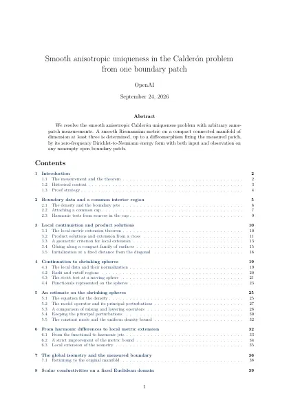 First page of Smooth anisotropic uniqueness in the Calderón problem from one boundary patch