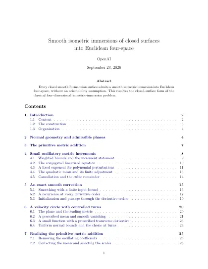 First page of Smooth isometric immersions of closed surfaces into Euclidean four-space