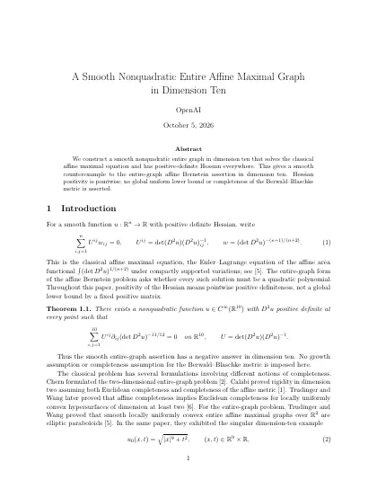First page of A Smooth Nonquadratic Entire Affine Maximal Graph in Dimension Ten