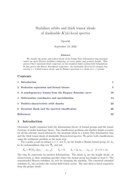 First page of Stabilizer orbits and thick tensor ideals of dualizable K(n)-local spectra