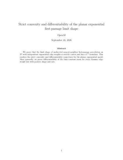 First page of Strict convexity and differentiability of the planar exponential first-passage limit shape