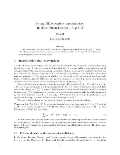 First page of Strong diffeomorphic approximation in three dimensions for 1≤p≤2