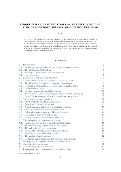 First page of Uniqueness of tangent flows at the first singular time of embedded surface mean-curvature flow