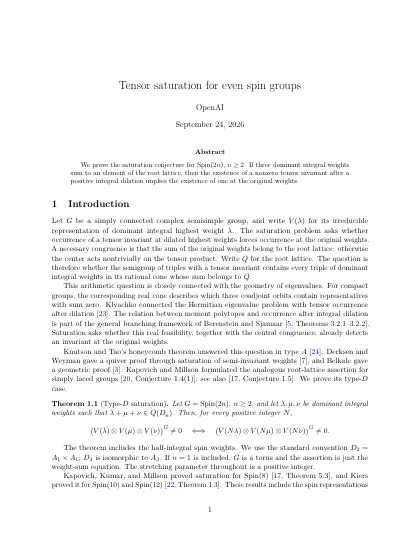 First page of Tensor saturation for even spin groups