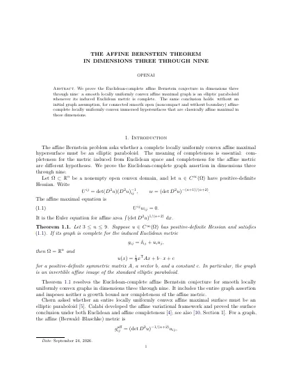 First page of The affine Bernstein theorem in dimensions three through nine