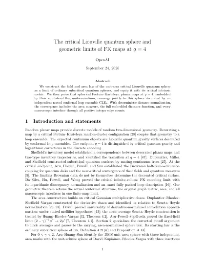 First page of The critical Liouville quantum sphere and geometric limits of FK maps at q=4