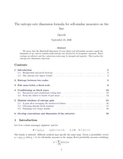 First page of The entropy-rate dimension formula for self-similar measures on the line