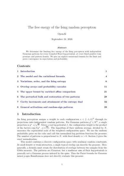 First page of The free energy of the Ising random perceptron