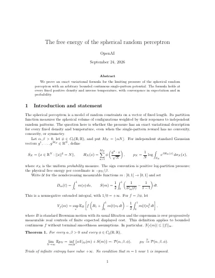 First page of The free energy of the spherical random perceptron