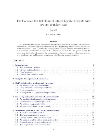 First page of The Gaussian free field limit of integer Lipschitz heights with two-arc boundary data
