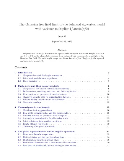 First page of The Gaussian free field limit of the balanced six-vertex model with variance multiplier 1/arcsin(c/2)