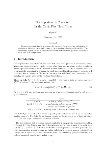 First page of The Isoperimetric Conjecture for the Cubic Flat Three-Torus