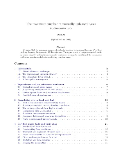 First page of The maximum number of mutually unbiased bases in dimension six