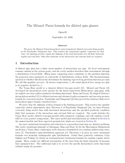 First page of The Mézard–Parisi formula for diluted spin glasses