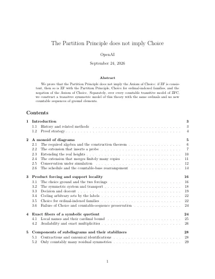 First page of The Partition Principle does not imply Choice