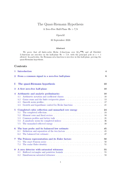 First page of The Quasi-Riemann Hypothesis: A Zero-Free Half-Plane $`\Re s\gt 7/8`$ 