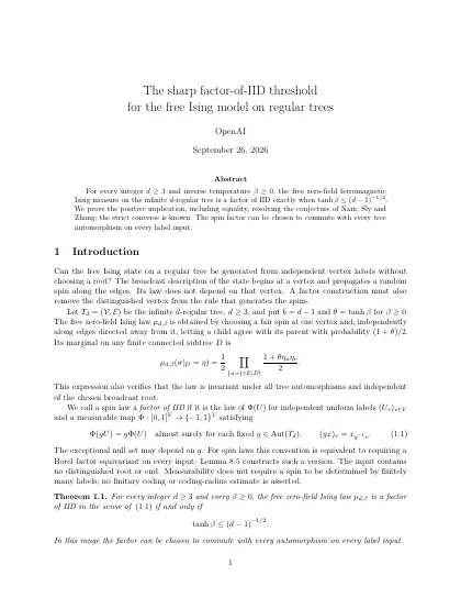 First page of The sharp factor-of-IID threshold for the free Ising model on regular trees