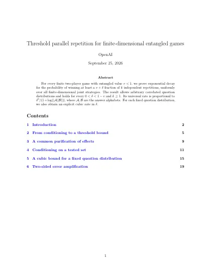 First page of Threshold parallel repetition for finite-dimensional entangled games