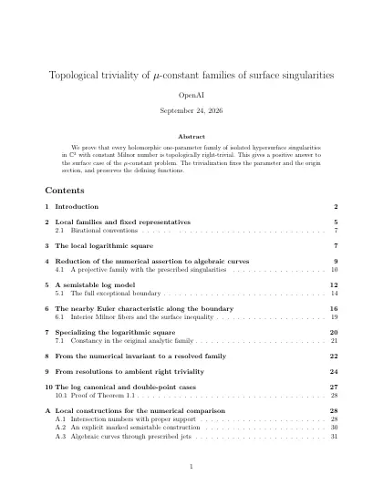 First page of Topological triviality of mu-constant families of surface singularities