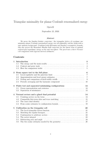 First page of Triangular minimality for planar Coulomb renormalized energy
