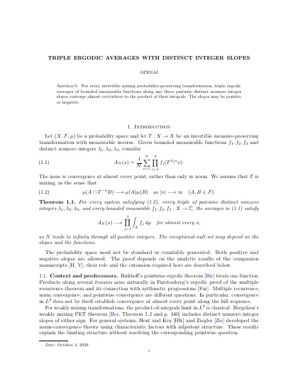 First page of Triple ergodic averages with distinct integer slopes