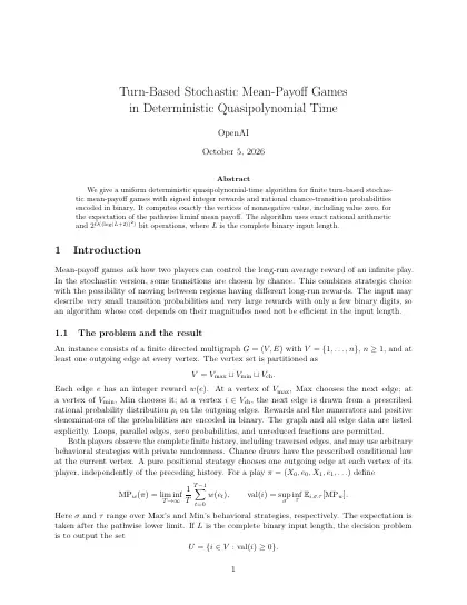 First page of Turn-Based Stochastic Mean-Payoff Games in Deterministic Quasipolynomial Time