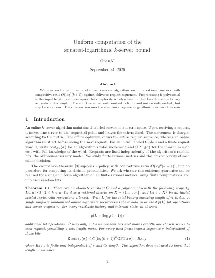First page of Uniform computation of the squared-logarithmic k-server bound
