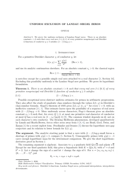 First page of Uniform exclusion of Landau–Siegel zeros