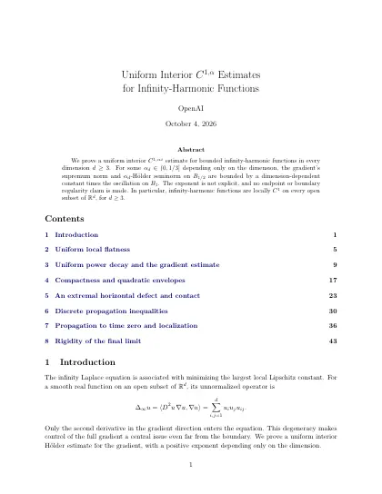 First page of Uniform Interior $`C^{1,\alpha}`$ Estimates for Infinity-Harmonic Functions