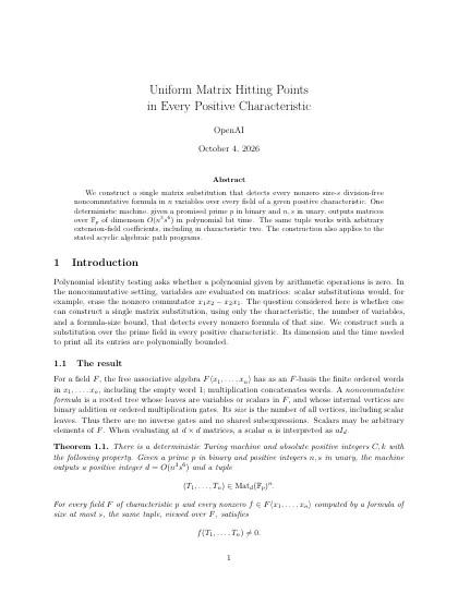 First page of Uniform Matrix Hitting Points in Every Positive Characteristic