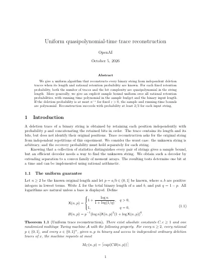 First page of Uniform quasipolynomial-time trace reconstruction