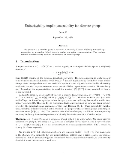 First page of Unitarizability implies amenability for discrete groups