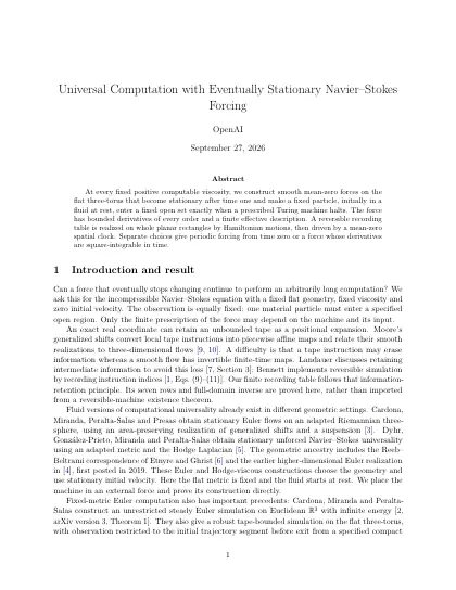 First page of Universal Computation with Eventually Stationary Navier–Stokes Forcing
