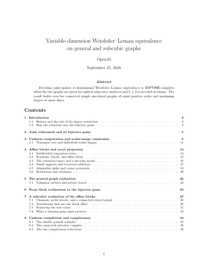 First page of Variable-dimension Weisfeiler–Leman equivalence on general and subcubic graphs
