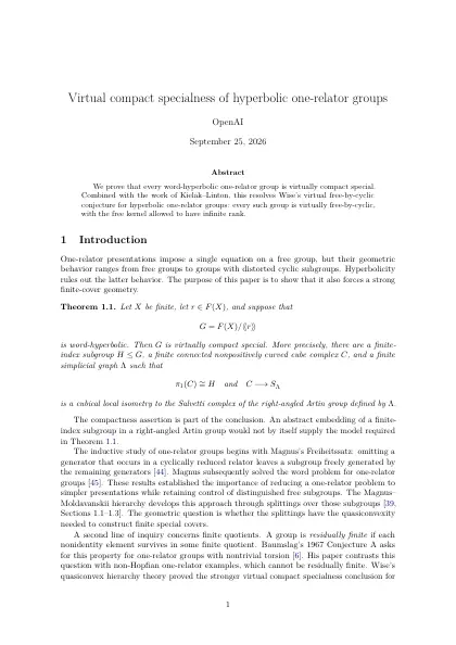 First page of Virtual compact specialness of hyperbolic one-relator groups