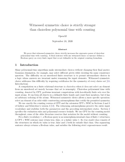 First page of Witnessed symmetric choice is strictly stronger than choiceless polynomial time with counting